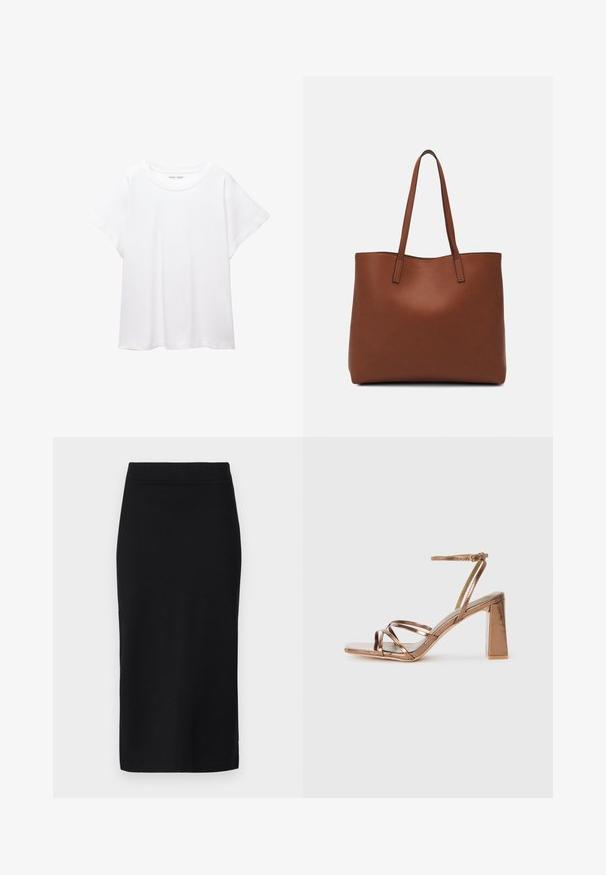 Bela majica s kratkimi rukavi, izdelana iz mehkega in lahkega blaga. Ima okroglo ovratnico ter kratke, široke rokave z udobnim krojem. Brez vidnih vzorcev.; Črna krilna dolžine do kolen, izdelana iz gladkega blaga, s prilegajočim krojem, diskretno obrobo in brez vidnih zakovic ali žepov.; Bronzani sandali s visokom petom, kvadratnim nosom, tankim trakama oko gležnja in dizajnom v obliki križa spredaj. Gladek metalni sijaj.; Rjava usnjena torba z gladko teksturo, odprto zasnovo zgoraj in dvema naramnima trakovoma. Opremljena je z minimalnim šivanjem in brez vidnih kovinskih delov.
