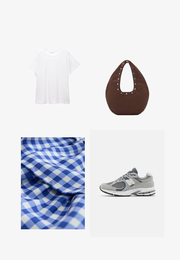 Bijela majica od mekane, lagane tkanine. Ima okrugli izrez i kratke, široke rukave s ležernim krojem. Bez vidljivih uzoraka.; Plava i bijela karirana tkanina s mekim teksturom, koja sadrži male kvadrate uizmjenjujućih nijansi plave. Uključuje detalj s naboranim rubom.; Sivi tenisice izrađene od mrežastih i antilop materijala, s bijelim logotipom, podstavljenim okvirom i teksturiranom gumom potplatom. Akcenti u tamnijoj sivoj boji.; Smeđi torba za nošenje s zakrivljenim oblikom, koja ima veliki izrezani ručak ukrašen srebrnim zakovicama duž ruba. Izrađena je od mekanog materijala.