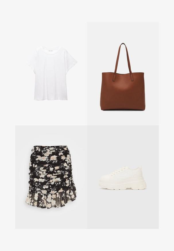 T-shirt blanc en tissu doux et léger. Il présente un col rond et des manches courtes et larges avec une coupe décontractée. Aucun motif visible.; Jupe mini noire à fleurs avec une texture froncée, dotée d'un ourlet volanté et de fleurs rose pâle sur un fond sombre. Tissu léger et doux.; Baskets blanches en toile avec une semelle épaisse, bout arrondi et cinq œillets pour les lacets. Onglet arrière pour un enfilage facile. Texture lisse, design minimaliste.; Sac fourre-tout en cuir marron avec une texture lisse, design à ouverture supérieure et deux poignées pour le porter à l'épaule. Présente des coutures minimales et aucun matériel visible.