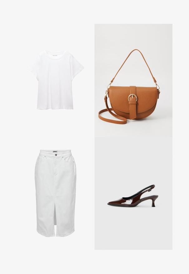 Bela majica s kratkimi rukavi, izdelana iz mehkega in lahkega blaga. Ima okroglo ovratnico ter kratke, široke rokave z udobnim krojem. Brez vidnih vzorcev.; Bela denim krilo s sprednjim razporkom, visokim pasom, dvema stranskima žepoma in gumbnim zapiranjem. Ima blagovno znamko na pasu.; Rjavi lakirani slingback čevelj z ostro konico in zmerno peto. Ima zaponko za varno prileganje. Gladka tekstura.; Rjava usnjena torbica prek telesa s ukrivljeno obliko, zlate opreme in sponko. Ima odstranljiv naramni trak.