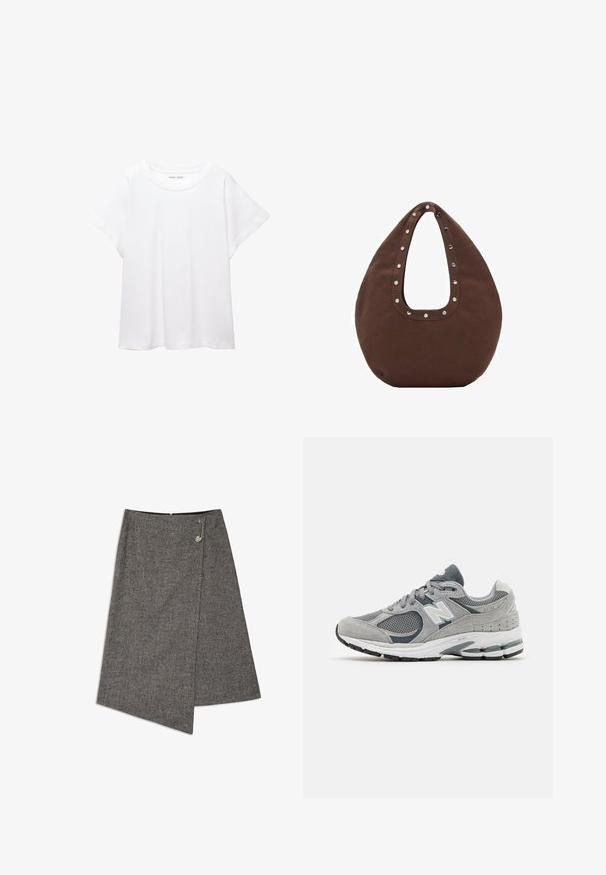 Biała koszulka wykonana z miękkiej, lekkiej tkaniny. Posiada okrągły dekolt oraz krótkie, szerokie rękawy, zapewniające luźny krój. Brak widocznych wzorów.; Szary spódniczka w wzór w jodełkę z asymetrycznym dołem, z metalowym akcentem w postaci agrafki oraz ukrytym zapięciem na zamek z tyłu.; Szare sneakersy wykonane z siateczki i zamszu, z białym logo, wyściółką przy kostce i teksturowaną gumową podeszwą. Akcenty w ciemniejszym odcieniu szarości.; Brązowa torba na ramię o zaokrąglonym kształcie, z dużym uchwytem w kształcie wycięcia ozdobionym srebrnymi ćwiekami wzdłuż krawędzi. Wykonana z miękkiego materiału.
