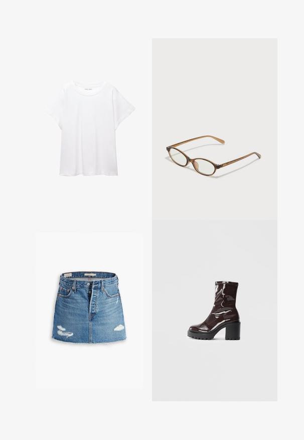 Witte T-shirt van zacht, lichtgewicht stof. Heeft een ronde halslijn en korte, brede mouwen met een ontspannen pasvorm. Geen zichtbare patronen.; Lichte blauwe denim minirok. Heeft een rafelige zoom, twee versleten patches, een knoopsluiting aan de voorkant en vijf zakken. Klassieke snit.; Glanzende bordeauxrode enkelboot met een chunky zwarte hak, met een gladde textuur en een eenvoudig ontwerp. Geen zichtbare sluitingen of patronen.; Bruine schildpadbril met ovale lenzen, dunne armen en transparante accenten. Heeft een subtiele logo op de tempel. Strak, lichtgewicht ontwerp.