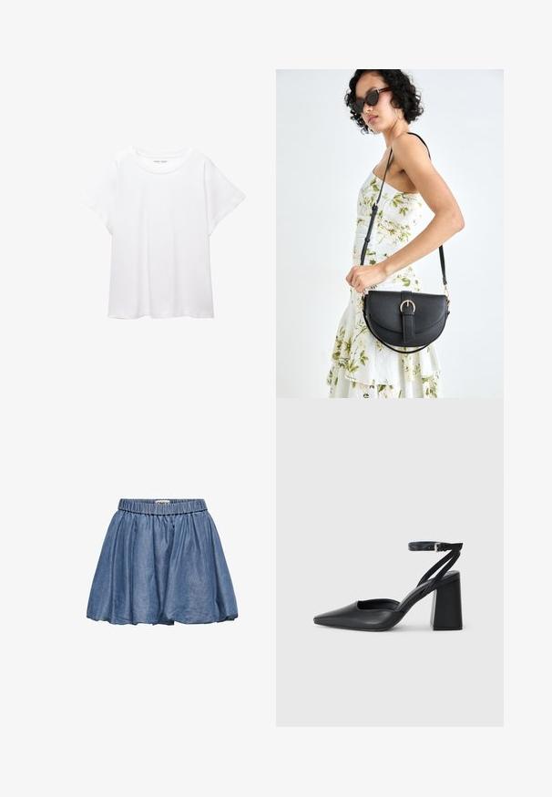 Tricou alb dintr-un material moale și ușor. Prezintă un decolteu rotund și mâneci scurte, largi, cu un croi lejer. Fără modele vizibile.; Fustă din denim cu un elastic la talie, design evazat și culoare albastru deschis. Prezintă o textură netedă și material plisat.; Pantofii cu toc ascuțit din piele neagră, cu breteaua pentru glezne și toc gros. Textură netedă, design elegant și estetică minimală.; Geantă din piele neagră, cu o formă curbată, curea detașabilă și accesorii aurii. Geanta are un capac cu un detaliu tip cataramă.