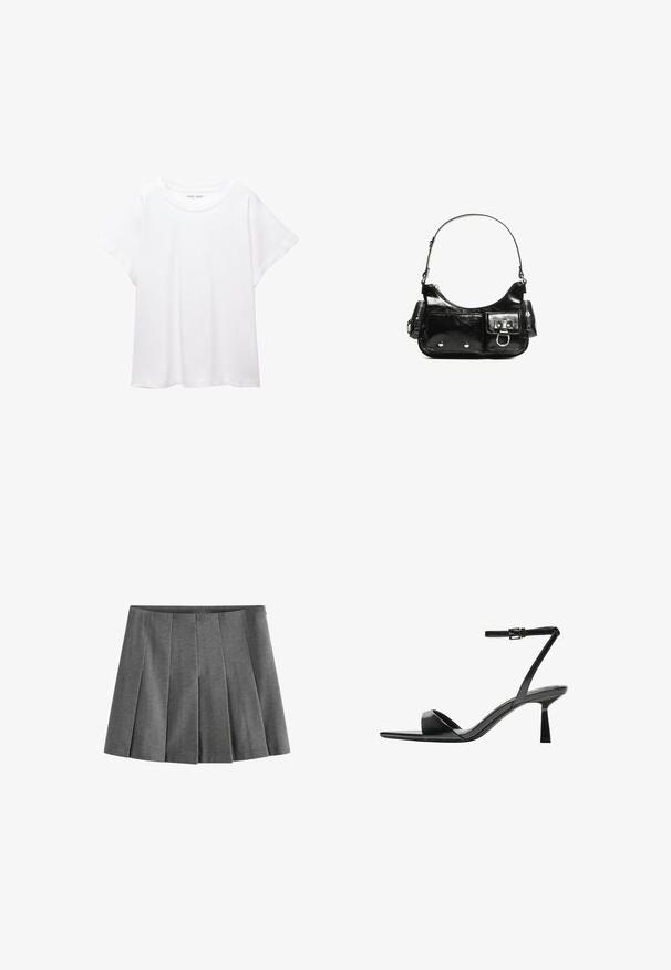 Hvid T-shirt lavet af blødt, let stof. Har en rund halsudskæring og korte, brede ærmer med en afslappet pasform. Ingen synlige mønstre.; Grå plisseret nederdel lavet af et blødt stof, med en Talje og ensartede folder for et struktureret udseende.; Bershka Højhælede sandaletter / Højhælede sandaler - black; Sort patenteret læder håndtaske med en buet form, en skulderrem, frontlommer og hardware accenter i sølvfarve.