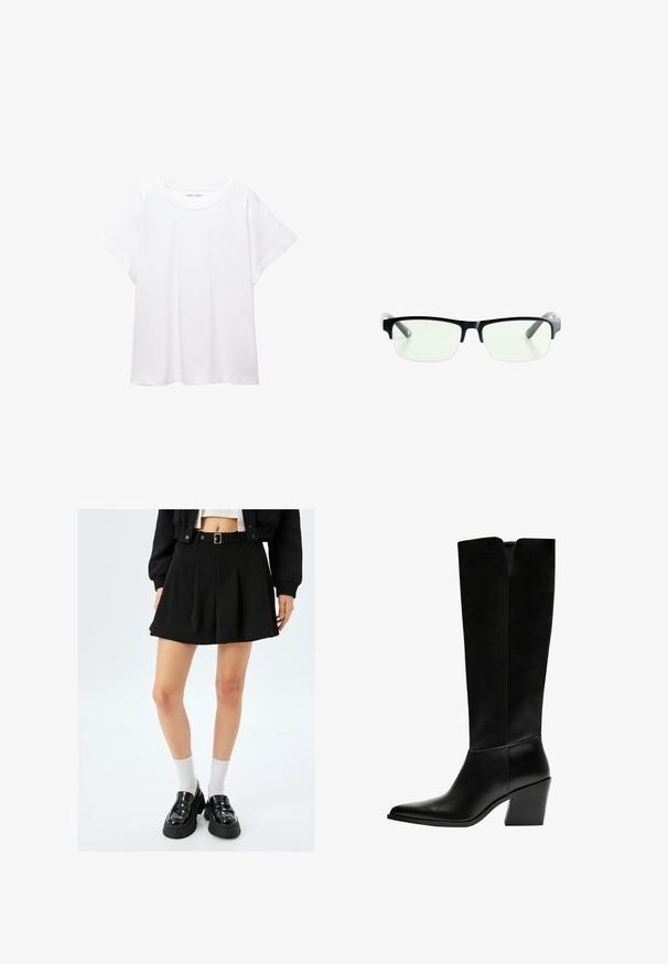 T-shirt blanc en tissu doux et léger. Il présente un col rond et des manches courtes et larges avec une coupe décontractée. Aucun motif visible.; Jupe mini plissée noire avec une ceinture, fabriquée en tissu lisse. Associée à des mocassins en cuir verni et des chaussettes blanches mi-mollet.; Bottes noires montantes en cuir lisse, avec un bout pointu, un talon bloc et une découpe en V en haut.; Lunettes noires rectangulaires avec des verres transparents, présentant des montures noires élégantes et des embouts de branches transparents gris. Design minimaliste, sans marquage visible.
