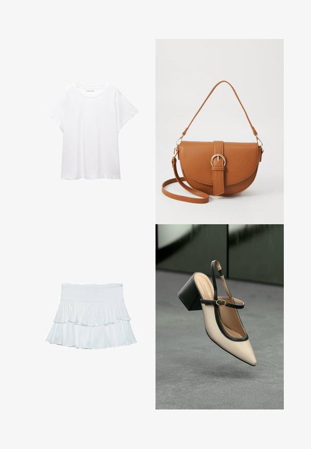 Vit t-shirt som är gjord av mjukt, lätt tyg. Har en rund halsringning och korta, vida ärmar med en avslappnad passform. Inga synliga mönster.; Vit flerlagad kjol gjord av mjukt och lätt tyg. Har en smockad midja och flödande volanger som skapar volym och rörelse.; Beige spetstoppad slingback-sko med svart kant, guldspänne och en kraftig blockklack på grått golv med mörkgrön bakgrund.; Brun läder crossbody-väska med en böjd form, gyllene detaljer och en spänneaccent. Har en avtagbar axelrem.