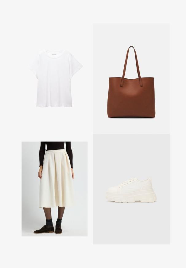 Biała koszulka wykonana z miękkiej, lekkiej tkaniny. Posiada okrągły dekolt oraz krótkie, szerokie rękawy, zapewniające luźny krój. Brak widocznych wzorów.; Kobieta ubrana w kremową plisowaną spódnicę midi, czarne przezroczyste rajstopy, ciemne błyszczące skarpetki, brązowe buty na sznurówki oraz czarny prążkowany top z długim rękawem.; Białe płócienne trampki z grubą podeszwą, okrągłym noskiem i pięcioma oczkami na sznurowadła. Tylny uchwyt ułatwiający zakładanie. Gładka faktura, minimalistyczny design.; Brązowa skórzana torba tote o gładkiej fakturze, z otwartym wierzchem i dwoma ramiączkami. Charakteryzuje się minimalnym przeszyciem i brakiem widocznych elementów metalowych.