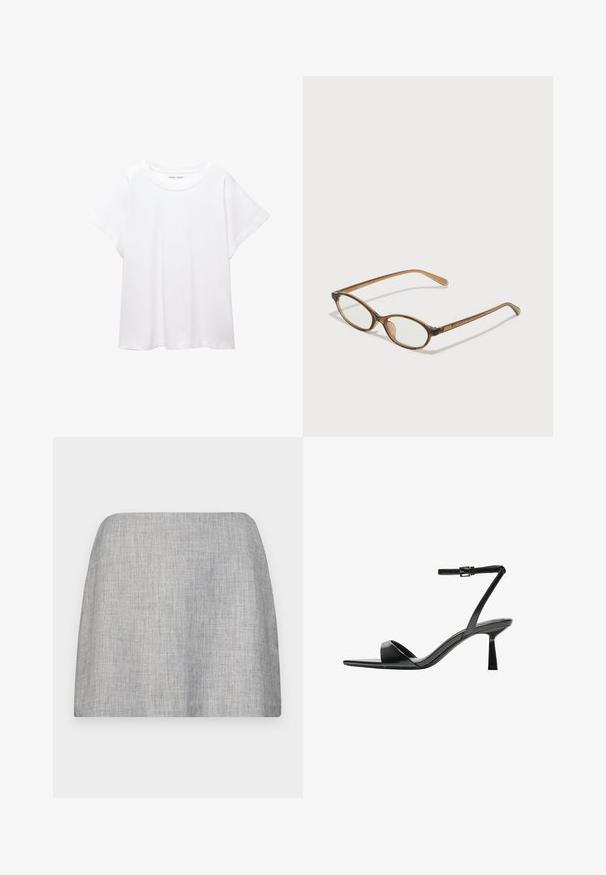 Tricou alb dintr-un material moale și ușor. Prezintă un decolteu rotund și mâneci scurte, largi, cu un croi lejer. Fără modele vizibile.; Fustă gri dintr-un material neted, texturat, cu croi drept și fără broderii vizibile. Design simplu, minimalist.; Bershka Sandale cu toc - black; Ochelari în nuanță de țestoasă maro, cu lentile ovale, brațe subțiri și accente transparente. Prezintă un logo subtil pe tâmplă. Design elegant și ușor.