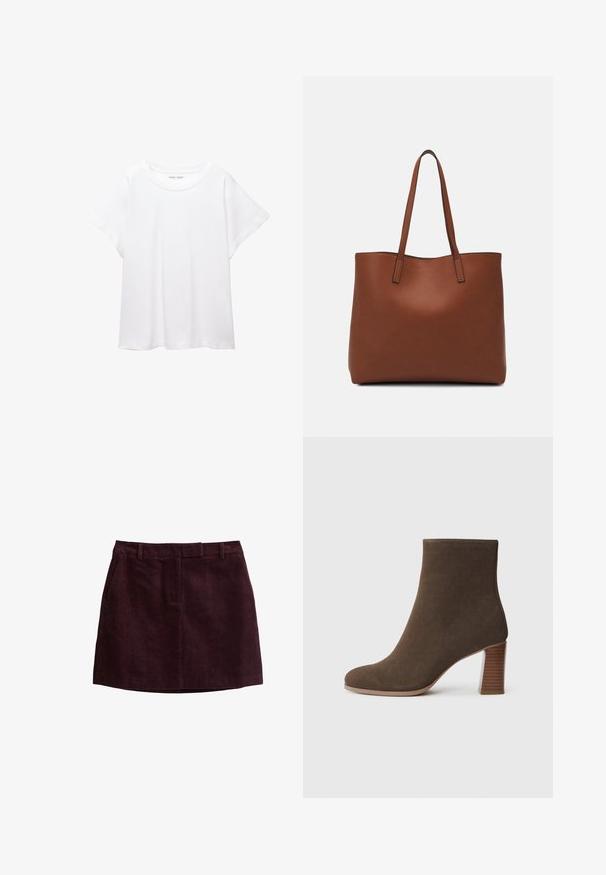 Witte T-shirt van zacht, lichtgewicht stof. Heeft een ronde halslijn en korte, brede mouwen met een ontspannen pasvorm. Geen zichtbare patronen.; Donkerpaarse corduroy minirok met ceintuurlussen, voorzakken en een centrale naad aan de voorkant.; Bruine suède enkellaars met een ronde neus en een gestapelde, gestructureerde hak. Glad exterieur zonder zichtbare sluitingen of versieringen.; Bruine leren tote bag met een gladde textuur, een ontwerp met een open bovenkant en twee schouderbanden. Kenmerkt zich door minimale stiksels en geen zichtbare hardware.