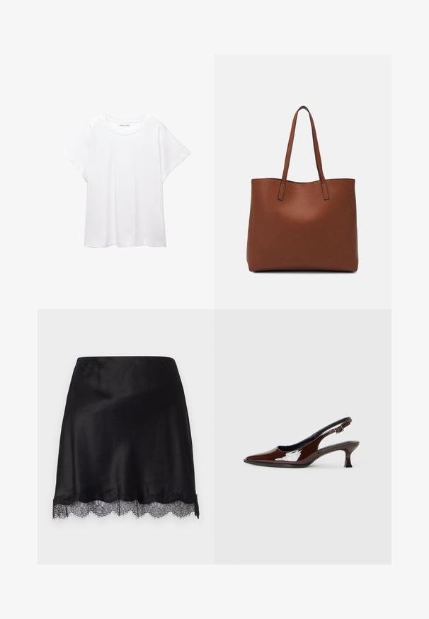 Valkoinen T-paita, joka on valmistettu pehmeästä ja kevyestä kankaasta. Omistaa pyöreän kaula-aukon ja lyhyet, leveät hihat rentoa istuvuutta varten. Ei näkyviä kuvioita.; FROM FUTURE SAMMY - Kynähame - noir; Ruske patentin nahkalijatke sa špicastim nosom i umjerenom petom. Sadrže remen s kopčom za sigurno pristajanje. Glatka tekstura.; Ruskea nahkainen olkalaukku, jossa on sileä pinta, avoin yläosa ja kaksi olkahihnaa. Omaavat vain minimaalisen ompelun eikä näkyvää metalliosaa.