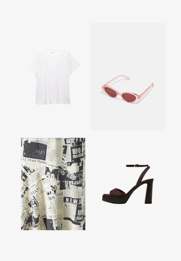 Witte T-shirt van zacht, lichtgewicht stof. Heeft een ronde halslijn en korte, brede mouwen met een ontspannen pasvorm. Geen zichtbare patronen.; SOMETHINGNEW SIMONE CALF SKIRT - Maxirok - whitecap/gray; Bruine suède high-heeled sandaal met een open teen, verstelbare enkelband en een gestreepte plateauzool.; Roze transparante zonnebril met ovale lenzen, donkerrode tint en slanke pootjes, met een gladde afwerking en subtiele details op het frame.