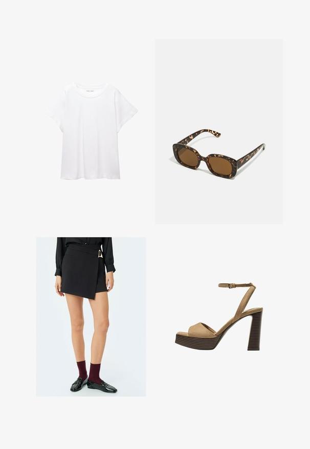 Witte T-shirt van zacht, lichtgewicht stof. Heeft een ronde halslijn en korte, brede mouwen met een ontspannen pasvorm. Geen zichtbare patronen.; Zwarte wikkelrok met een zijgesp detail, gladde textuur en een getailleerde pasvorm. G gedragen met bordeauxrode sokken en glanzende zwarte instappers.; Beige suède hoge hakken sandalen met een brede voorband en enkelband, met een dikke houten blokhak met een gestructureerde afwerking.; Tortoiseshell zonnebril met een ronde, stevige montuur en bruine lenzen. Heeft subtiele patronen en rechte, taps toelopende veren.; Roze synthetische schoudertas met een gebogen vorm, gladde textuur, verwijderbare kettingriem en een rond logo detail aan de voorkant.