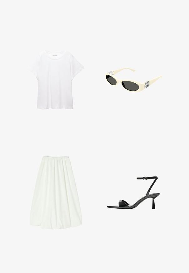 Hvid T-shirt lavet af blødt, let stof. Har en rund halsudskæring og korte, brede ærmer med en afslappet pasform. Ingen synlige mønstre.; Hvid, knælang nederdel med elastisk talje. Blødt stof med en glat tekstur og en fyldig silhuet, der skaber bløde draperinger.; Bershka Højhælede sandaletter / Højhælede sandaler - black; Kridhvid solbriller med ovale linser, sort toning og metallisk logoaccent ved templerne. Glat tekstur, katteøje design.; Sort patenteret læder håndtaske med en buet form, en skulderrem, frontlommer og hardware accenter i sølvfarve.
