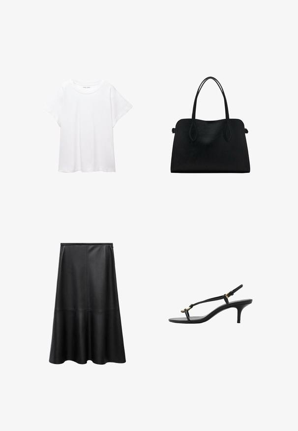 Biała koszulka wykonana z miękkiej, lekkiej tkaniny. Posiada okrągły dekolt oraz krótkie, szerokie rękawy, zapewniające luźny krój. Brak widocznych wzorów.; Czarna skórzana spódnica, w kształcie A, do kolan, o gładkiej fakturze, z detalami szwów, rozkloszowanym hemie i ukrytym zapięciem na suwak z tyłu.; Czarne skórzane sandały na koturnie z cienkimi paskami, złotą klamrą i minimalistycznym pętelką na palce na białym tle.; Czarna skórzana torba na ramię z podwójnymi paskami, prostokątny kształt i minimalistyczny design na białym tle.