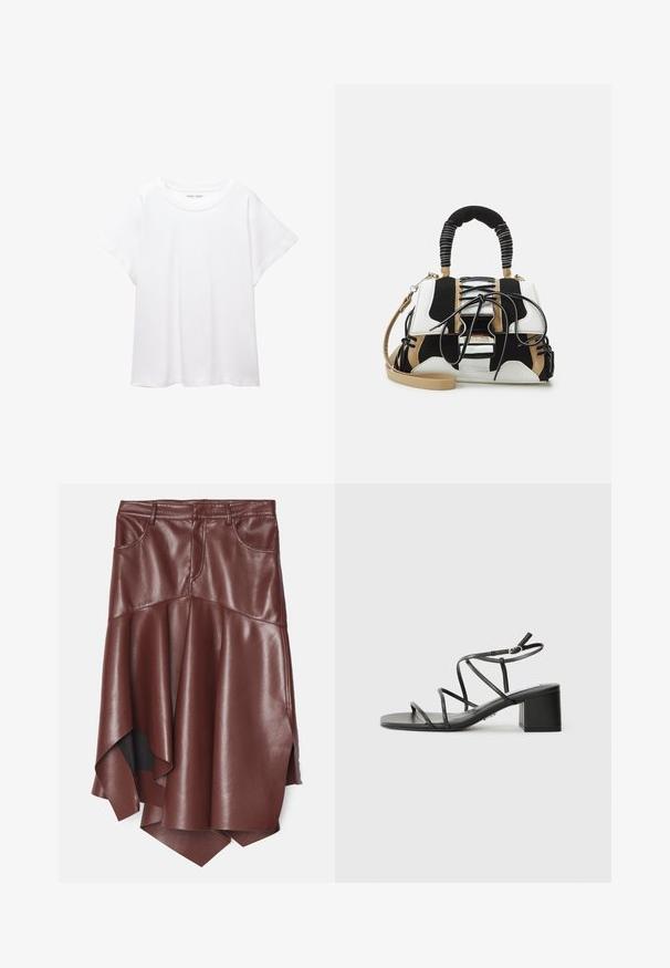 Biele tričko vyrobené z mäkkého, ľahkého materiálu. Má okrúhly výstrih a krátke, široké rukávy s uvoľneným strihom. Bez viditeľných vzorov.; Hnedá sukňa z umelého semišu s rozšíreným, asymetrickým lemom, ktorý má dve predné vrecká a hladkú, lesklú textúru.; Čierne sandále na opätku so štvorcovou špičkou a masívnym opätkom, vyrobené z hladkého materiálu. Obsahujú nastaviteľné remienky okolo členka a minimálny hardware.; Mnohofarebná taška cez rameno s čiernou, bielou a béžovou sieťou. Obsahuje štruktúrovanú rukoväť, dizajn so šnurovaním a odnímateľný ramenný popruh.