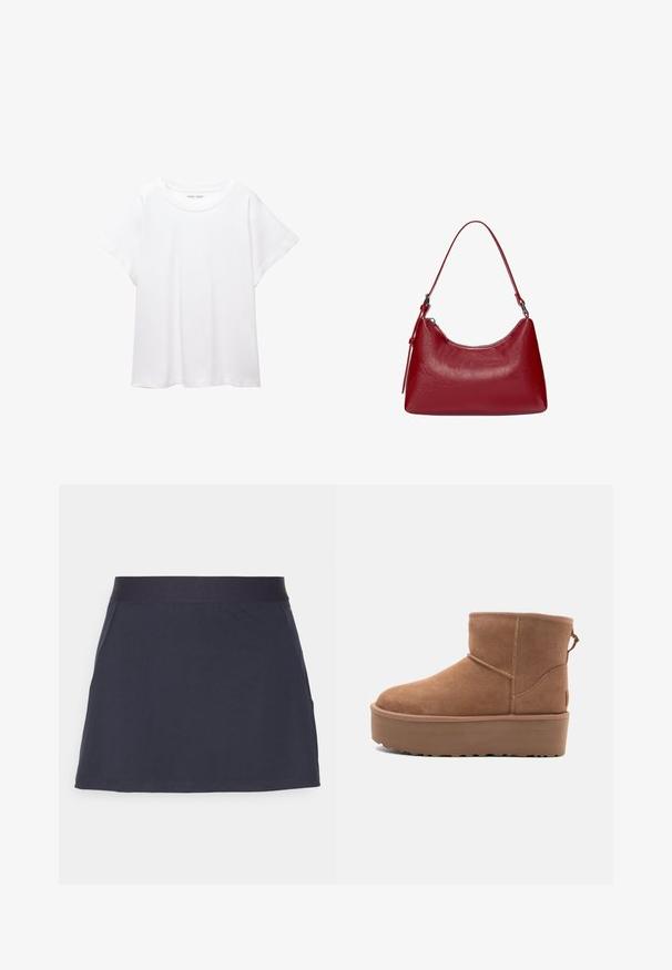 Fehér póló, puha, könnyű anyagból készült. Kerek nyakú, rövid, széles ujjaival és laza szabásával rendelkezik. Nincsenek látható minták.; Sötétkék mini szoknya sima, rugalmas anyagból. Széles, elasztikus derékpánttal rendelkezik, és egyszerű, letisztult fazonú, további díszítések nélkül.; Barna suede bokacsizma platform talppal, lekerekített orral és varrás részletekkel; a hátsó részen húzófül található a könnyű felhúzás érdekében.; Piros bőrből készült válltáska ívelt formával, sima textúrával és cipzáras záródással. Kiváló, vékony fogantyúval rendelkezik a hordozás érdekében.