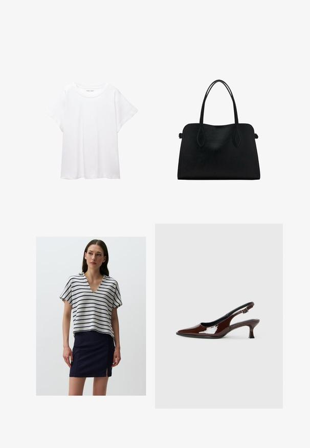 Witte T-shirt van zacht, lichtgewicht stof. Heeft een ronde halslijn en korte, brede mouwen met een ontspannen pasvorm. Geen zichtbare patronen.; Gestreepte gebreide top met een V-hals, met horizontale marineblauwe en roomwitte strepen. Gecombineerd met een marineblauwe rok met een zijsplit.; Bruine gepatineerde leren slingback-schoen met een spitse neus en een gematigd hakje. Voorzien van een gespsluiting voor een veilige pasvorm. Glad van textuur.; Zwarte leren handtas met dubbele schouderriemen, rechthoekige vorm en minimalistisch ontwerp op een witte achtergrond.