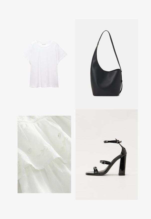 T-shirt bianco realizzato in un tessuto morbido e leggero. Presenta un collo rotondo e maniche corte e larghe con vestibilità morbida. Nessun motivo visibile.; Abito di stoffa bianca con ricami floreali, orlo arricciato e dettagli con bottoni. Texture morbida con un design leggero e fluido.; Sandali con tacco in vernice nera, con punta squadrata, cinturini alla caviglia e fibbie in argento. Presentano un tacco a blocco spesso per maggiore stabilità.; Borsa hobo nera in pelle con una superficie liscia, forma curvata e una singola tracolla regolabile; presenta un'ampia apertura nella parte superiore.