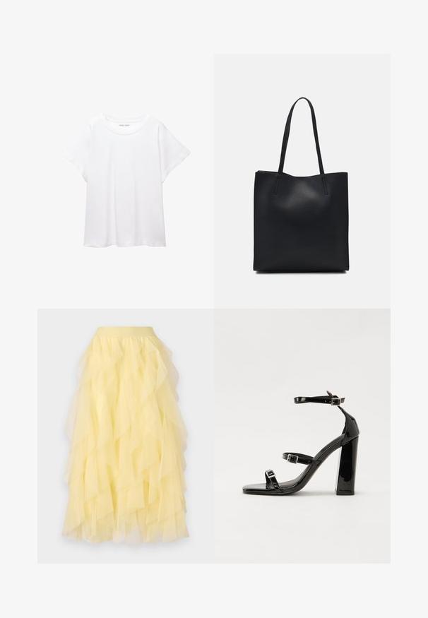 Biała koszulka wykonana z miękkiej, lekkiej tkaniny. Posiada okrągły dekolt oraz krótkie, szerokie rękawy, zapewniające luźny krój. Brak widocznych wzorów.; Żółta spódnica warstwowa z przezroczystego tiulu, charakteryzująca się rozkloszowanym krojem z nakładającymi się falbanami oraz elastycznym pasem.; Czarne lakierowane sandały na wysokim obcasie, z dwoma paskami zapinanymi na klamry, kwadratowy nosek i masywny obcas typu słupek, o gładkiej, błyszczącej fakturze.; Czarna skórzana torba tote o gładkiej fakturze, prostokątnym kształcie i dwóch długich uchwytach. Brak widocznych elementów metalowych i ozdób.