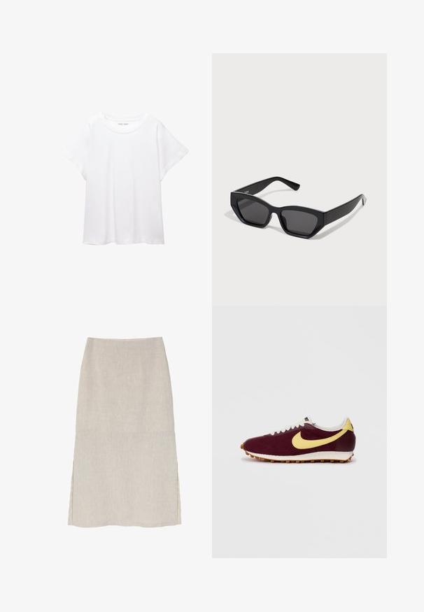 Weißes T-Shirt aus weichem, leichtem Stoff. Mit runder Halslinie und kurzen, weit geschnittenen Ärmeln für einen lässigen Sitz. Keine sichtbaren Muster.; Hellbeige Leinenrock mit gerader Silhouette, seitlichen Schlitzen und einer dezenten strukturierten Oberfläche. Keine sichtbaren Beschläge oder Verzierungen.; Maronfarbene Sneaker mit gelbem Swoosh, weißen Schnürsenkeln und einem strukturierten Textilobermaterial. Gummisohle mit gerilltem Muster. Klassisches Design eines Laufschuhs.; Schwarze rechteckige Sonnenbrillen mit dicken Rahmen, dunklen Gläsern und kantigem Design. Glattes Plastikmaterial ohne sichtbare Muster oder Akzente.; Beige Lederhandtasche mit einer einzigartigen Form, die zwei kurze Henkel und einen langen verstellbaren Riemen aufweist. Glatte Textur mit minimalen Hardware-Elementen.