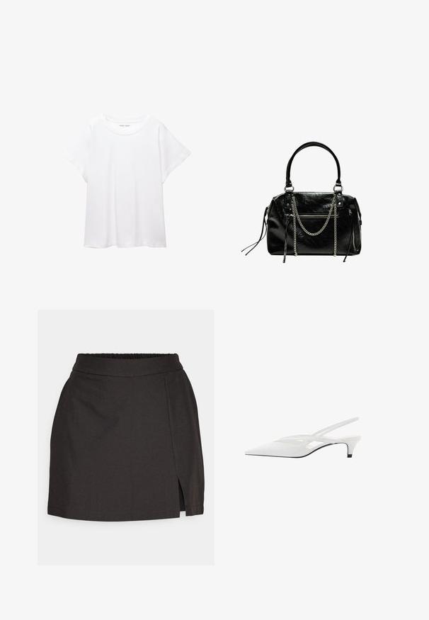Witte T-shirt van zacht, lichtgewicht stof. Heeft een ronde halslijn en korte, brede mouwen met een ontspannen pasvorm. Geen zichtbare patronen.; Zwarte rok gemaakt van gladde stof, met een elastische tailleband, een rechte snit en een zijsplit voor gemakkelijk bewegen.; Witte slingback hak met spitse neus, voorzien van een gladde bovenkant, subtiele uitsparingen en een lage blokhak. Zwarte zool accentueert het ontwerp.; Bershka WITH CHAIN - Handtas - black
