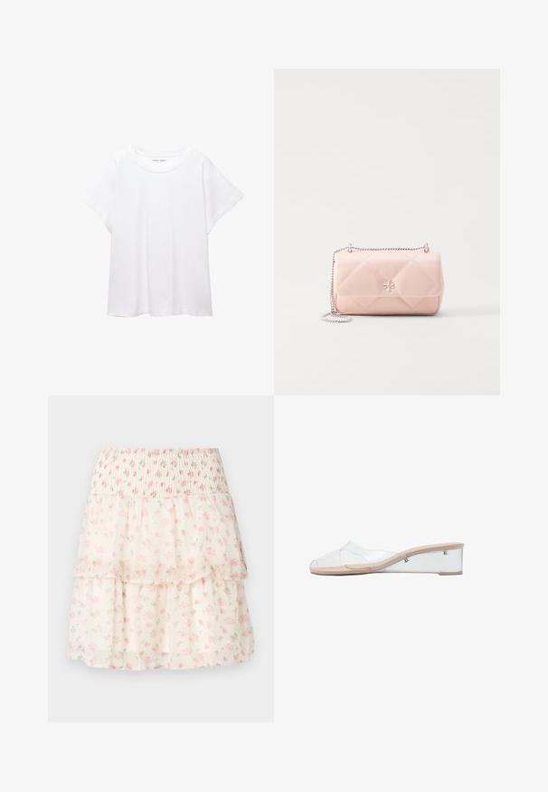 Biele tričko vyrobené z mäkkého, ľahkého materiálu. Má okrúhly výstrih a krátke, široké rukávy s uvoľneným strihom. Bez viditeľných vzorov.; Kvetinová sukňa z vrstveného, ľahkého materiálu. Má smockovaný pás, ružové kvety a krémové pozadie s jemnou, priesvitnou textúrou.; Priehľadné sandále na klíne s priesvitným zvrškom a béžovou platformou. Majú hladkú textúru a minimalistický dizajn.; Prešívaná ružová kožená taška so strieborným reťazovým ramienkom, s akcentom loga, zaobleným tvarom a hladkým povrchom. Vhodná na rôzne príležitosti.