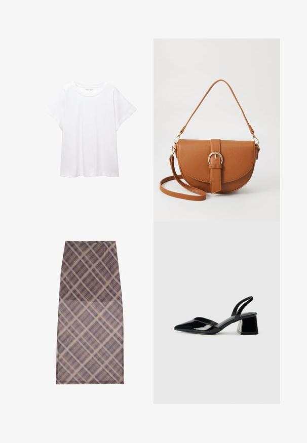 T-shirt bianco realizzato in un tessuto morbido e leggero. Presenta un collo rotondo e maniche corte e larghe con vestibilità morbida. Nessun motivo visibile.; Una gonna al ginocchio in tessuto leggero e trasparente con un motivo a quadri nei toni del marrone e della crema, dalla texture liscia e dai bordi puliti.; Décolleté in vernice nera con punta affusolata e tacco in geometria cubica. Presentano un design elegante e minimalista, con una texture liscia.; Borsa a tracolla in pelle marrone con forma curvata, hardware dorato e un dettaglio con fibbia. Presenta una tracolla rimovibile.