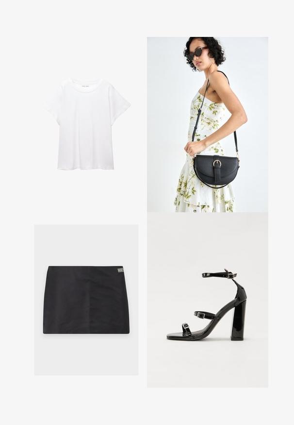 Vit t-shirt som är gjord av mjukt, lätt tyg. Har en rund halsringning och korta, vida ärmar med en avslappnad passform. Inga synliga mönster.; Svart kjol med en mjuk textur, rak skärning och en liten logotagg på sidan. Enkelt mönster utan ytterligare mönster eller detaljer.; Svarta lackerade högklackade sandaler med två spännband, fyrkantig tå och en tjock klack, med en slät och glansig yta.; Svart läderhandväska med en böjd form, avtagbar rem och guldiga detaljer. Väskan har ett lock med en spänndetalj.