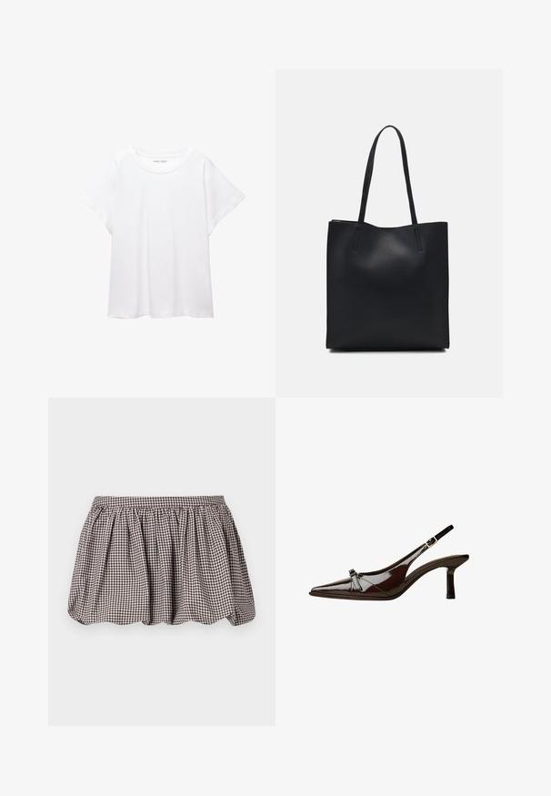 Bela majica s kratkimi rukavi, izdelana iz mehkega in lahkega blaga. Ima okroglo ovratnico ter kratke, široke rokave z udobnim krojem. Brez vidnih vzorcev.; Rjava in bela karo A-linijska krila s nabranim pasom, izdelana iz lahkotnega blaga, z nežno teksturirano površino.; Rjave lakirane slingback čevlje z oglatim nosom, nizko peto in dekorativno pentljo na sprednji strani. Gladka, sijoča tekstura.; Črna usnjena torba s svilnato teksturo, pravokotne oblike in dvema dolgima ročajema. Brez vidnih metalnih delov ali okrasnih elementov.