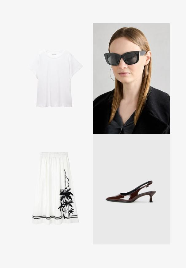 Biała koszulka wykonana z miękkiej, lekkiej tkaniny. Posiada okrągły dekolt oraz krótkie, szerokie rękawy, zapewniające luźny krój. Brak widocznych wzorów.; Biała spódnica z czarnym haftem roślinnym przedstawiającym liście palmowe, z fakturowanym pasem w talii oraz ozdobnym czarnym wzorem ze sznura na dolnej krawędzi.; Brązowe lakierowane skórzane buty na obcasie typu slingback z ostrym noskiem i umiarkowanym obcasem. Posiadają pasek z klamrą dla zapewnienia stabilnego dopasowania. Gładka tekstura.; Czarne okulary w kocim kształcie z ciemnymi soczewkami, grubymi oprawkami i subtelnymi akcentami. Noszone z czarnym płaszczem i szarym topem, z długimi prostymi włosami.