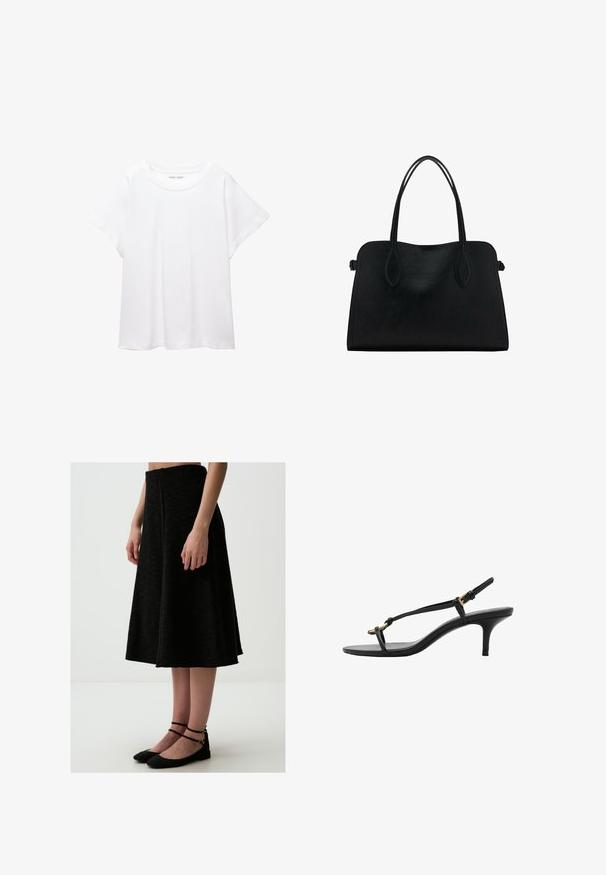 Biała koszulka wykonana z miękkiej, lekkiej tkaniny. Posiada okrągły dekolt oraz krótkie, szerokie rękawy, zapewniające luźny krój. Brak widocznych wzorów.; Czarna spódnica w kształcie litery A, wykonana z teksturowanej tkaniny, o średniej długości i czystym pasku w talii, zestawiona z czarnymi płaskimi butami na kostkę.; Czarne skórzane sandały na koturnie z cienkimi paskami, złotą klamrą i minimalistycznym pętelką na palce na białym tle.; Czarna skórzana torba na ramię z podwójnymi paskami, prostokątny kształt i minimalistyczny design na białym tle.