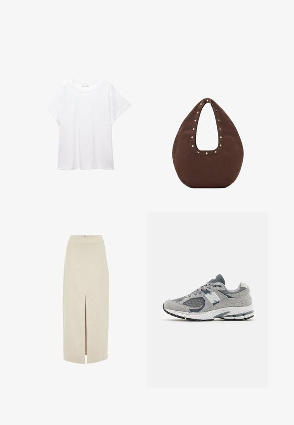 Tricou alb dintr-un material moale și ușor. Prezintă un decolteu rotund și mâneci scurte, largi, cu un croi lejer. Fără modele vizibile.; Fustă midi bej deschis, cu croială dreaptă și slit central în față. Fabricată dintr-un material neted, cu un fermoar ascuns la spate.; Tenis gri din materiale din plasă și suede, având un logo alb, guler căptușit și o talpă din cauciuc texturată. Accente în gri închis.; Geantă tote marron cu o formă curbată, având un mâner mare decupat decorat cu nituri argintii de-a lungul marginii. Fabricată dintr-un material moale.