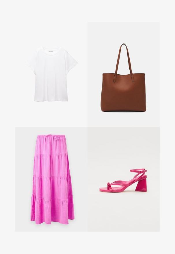 Fehér póló, puha, könnyű anyagból készült. Kerek nyakú, rövid, széles ujjaival és laza szabásával rendelkezik. Nincsenek látható minták.; Hosszú, réteges szoknya élénk rózsaszínben, puha, texturált anyagból készült. Rugalmas derékrésszel rendelkezik, állítható zsinórral a kényelmes illeszkedés érdekében.; Rózsaszín lakkbőr magassarkú szandál négyzet alakú orral, keskeny pántokkal és geometrikus tömbsarkakkal. Az pánton csat részlet található.; Barna bőr vászontáska sima textúrával, nyitott tetejű dizájnnal és két vállpánttal. Minimális varrással és látható hardver nélkül készült.