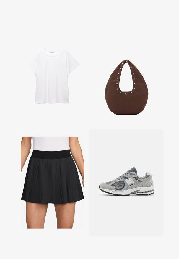 Bílý tričko vyrobené z měkké, lehké tkaniny. Má kulatý výstřih a krátké, široké rukávy s uvolněným střihem. Bez viditelných vzorů.; Černá plisovaná sukně s širokým elastickým pasem. Vyrobena z hladkého materiálu, má vertikální sklady a malé logo na lemování.; Šedé tenisky vyrobené z prodyšné síťoviny a semišových materiálů, s bílým logem, polstrovaným límcem a texturovanou gumovou podešví. Akcenty ve tmavě šedé barvě.; Hnědá taška přes rameno s zakřiveným tvarem, která má velké výřezy na rukojeti zdobené stříbrnými hroty podél okraje. Vyrobena z měkké látky.