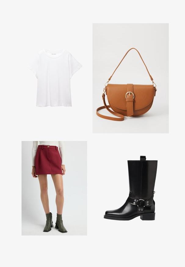 Hvid T-shirt lavet af blødt, let stof. Har en rund halsudskæring og korte, brede ærmer med en afslappet pasform. Ingen synlige mønstre.; Kvinde iført struktureret rød mini skirt med forreste knap og olivengrønne ankelstøvler, stående foran en ensfarvet lys baggrund.; Sort læderknæhøj støvle med spids tå, sølv spænde detaljer og en robust hæl. Har en trækflap for nem påtagning.; Brun læder crossbody taske med en buet form, guldfarvet hardware og en spændeaccent. Har en aftagelig skulderrem.