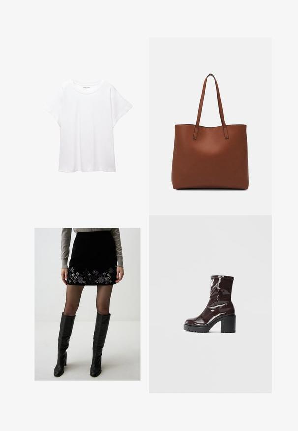Witte T-shirt van zacht, lichtgewicht stof. Heeft een ronde halslijn en korte, brede mouwen met een ontspannen pasvorm. Geen zichtbare patronen.; Zwarte minirok van fluweel met bloemenborduursels aan de zoom, gecombineerd met zwarte leren kniehoge laarzen en transparante zwarte panty's.; Glanzende bordeauxrode enkelboot met een chunky zwarte hak, met een gladde textuur en een eenvoudig ontwerp. Geen zichtbare sluitingen of patronen.; Bruine leren tote bag met een gladde textuur, een ontwerp met een open bovenkant en twee schouderbanden. Kenmerkt zich door minimale stiksels en geen zichtbare hardware.