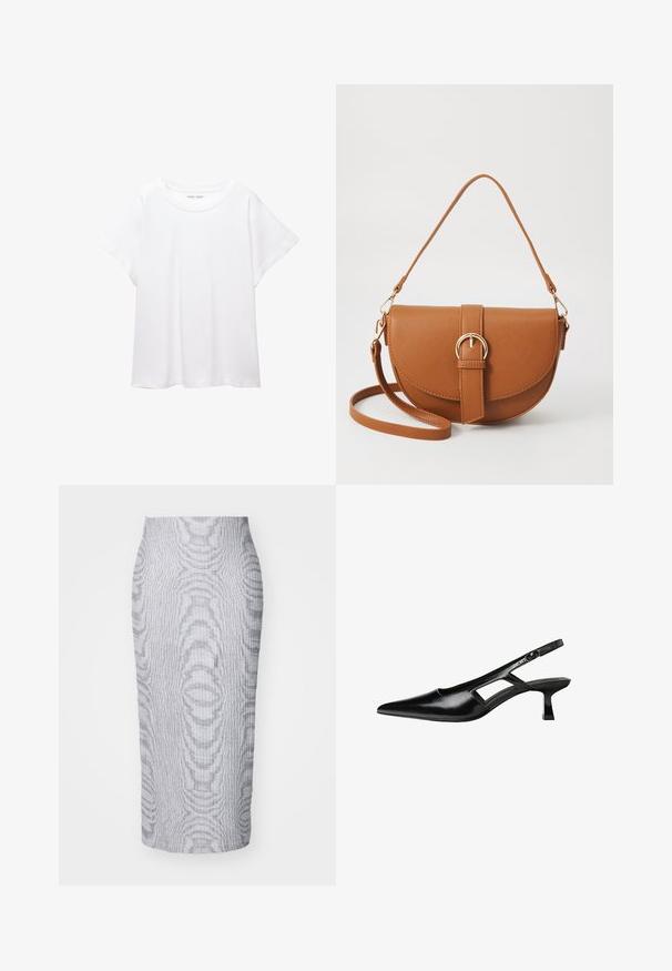 Weißes T-Shirt aus weichem, leichtem Stoff. Mit runder Halslinie und kurzen, weit geschnittenen Ärmeln für einen lässigen Sitz. Keine sichtbaren Muster.; Grau gerippter Midirock mit figurbetonendem Schnitt, der ein strukturiertes Muster und einen soliden Bund für Komfort aufweist.; Schwarze Lackleder-Slingback-High Heels mit spitzer Zehenform, ausgeschnittenem Seitendesign und kleinem Blockabsatz. Glatte Textur mit minimalen Akzenten.; Braune Leder-Crossbody-Tasche mit geschwungener Form, goldfarbenen Beschlägen und einer Schnallenakzentuierung. Verfügt über einen abnehmbaren Schultergurt.