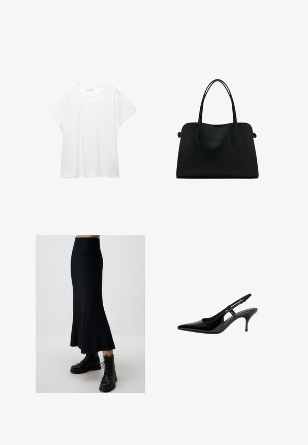 T-shirt blanc en tissu doux et léger. Il présente un col rond et des manches courtes et larges avec une coupe décontractée. Aucun motif visible.; Jupe midi noire tricotée avec un ourlet évasé et une texture côtelée, associée à des bottes de combat noires à lacets. Silhouette élégante, sans motifs visibles.; Escarpin en vernis noir avec bout pointu, découpes latérales ouvertes, talon fin et bride réglable à la cheville.; Sac à main en cuir noir avec deux anses, de forme rectangulaire et au design minimaliste sur un fond blanc.