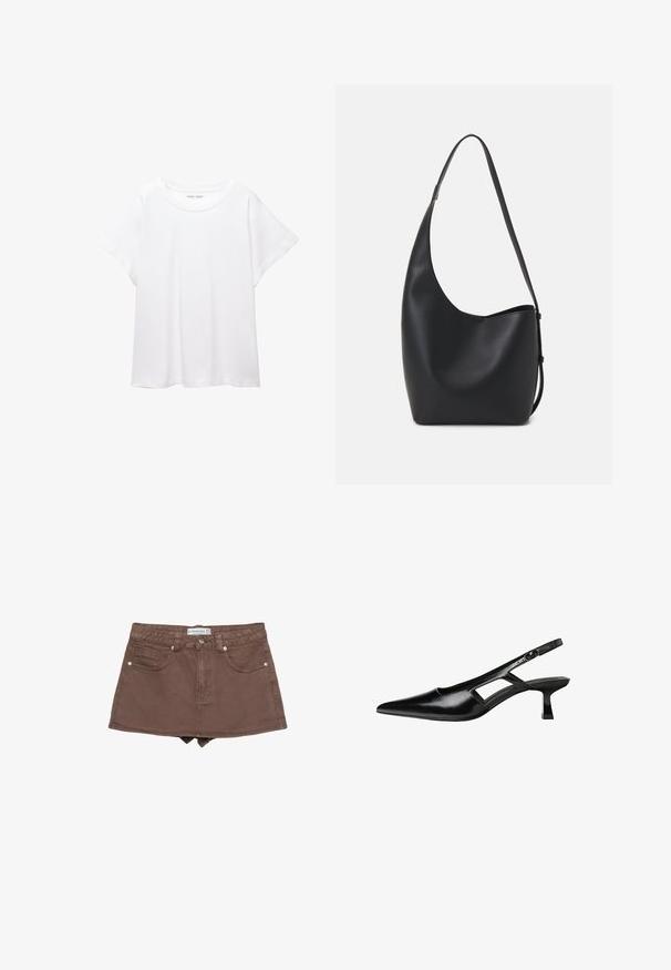 Bílý tričko vyrobené z měkké, lehké tkaniny. Má kulatý výstřih a krátké, široké rukávy s uvolněným střihem. Bez viditelných vzorů.; Hnědá denimi mini sukně s těsným pasem, pěti kapsami, předním zapínáním na knoflík a lemem těsně nad středem stehna.; Černé lakované lodičky na podpatku se špičatou špičkou, výřezovým designem na boku a malým čtvercovým podpatkem. Hladká textura s minimálními akcenty.; Černá kožená hobo taška s hladkým povrchem, zakřiveným tvarem a jedním nastavitelným popruhem; má široké otevírání nahoře.