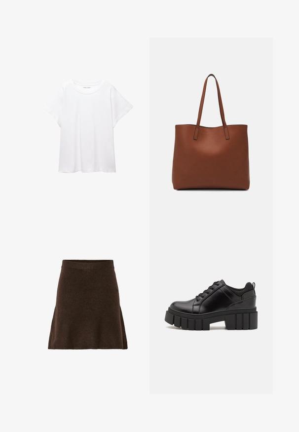 Bela majica s kratkimi rukavi, izdelana iz mehkega in lahkega blaga. Ima okroglo ovratnico ter kratke, široke rokave z udobnim krojem. Brez vidnih vzorcev.; Rjava pletena krila s razširjeno obliko, ki ima širok elastični pas in mehak otip. Brez vidnih vzorcev ali kovinskih detajlov.; Črne usnjene platforme z debelim blokastim petam, okroglo konico in klasičnim vezanjem. Imajo gladko teksturo in minimalne podrobnosti.; Rjava usnjena torba z gladko teksturo, odprto zasnovo zgoraj in dvema naramnima trakovoma. Opremljena je z minimalnim šivanjem in brez vidnih kovinskih delov.