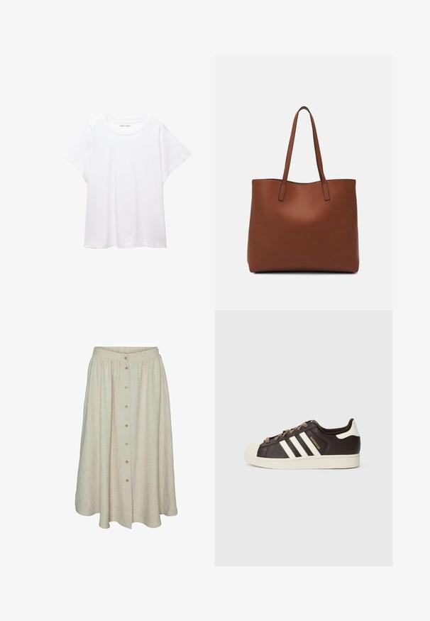Hvid T-shirt lavet af blødt, let stof. Har en rund halsudskæring og korte, brede ærmer med en afslappet pasform. Ingen synlige mønstre.; Knælang beige nederdel lavet af tekstureret stof med knaplukning foran, elastisk talje og en flydende design.; Low-top Adidas Superstar-sneaker i mørkebrunt læder med cremefarvet skal-tå, hvide striber og teksten "Superstar" på siden.; Brun læder tote taske med en glat overflade, åben topdesign og to skulderremme. Har minimal syning og ingen synlig hardware.