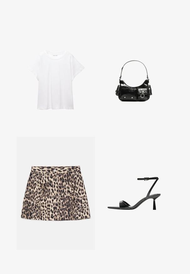 Tricou alb dintr-un material moale și ușor. Prezintă un decolteu rotund și mâneci scurte, largi, cu un croi lejer. Fără modele vizibile.; Fustă din denim cu imprimeu de leopard, având talie înaltă, închidere cu buton frontal și două buzunare laterale cu detalii cu snur.; Bershka Sandale cu toc - black; Geantă de mână din piele lăcuită neagră, cu o formă curbată, un umăr, buzunare frontale și accente din metal argintiu.