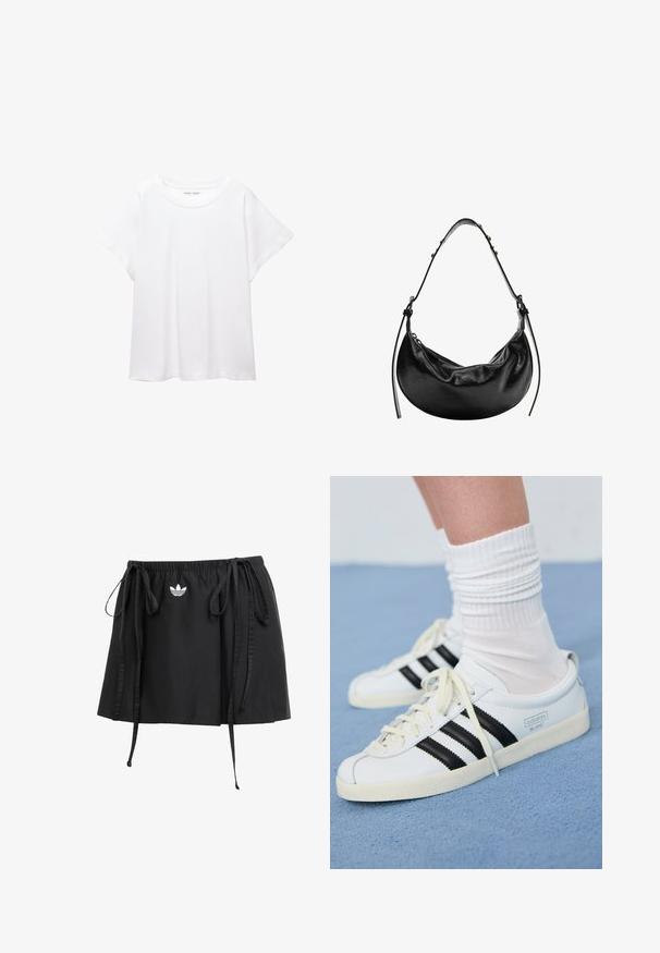 Bela majica s kratkimi rukavi, izdelana iz mehkega in lahkega blaga. Ima okroglo ovratnico ter kratke, široke rokave z udobnim krojem. Brez vidnih vzorcev.; Črna športna krila z nastavljivimi vrvicami, s majhnim belim logotipom spredaj. Narejena iz lahkotnega blaga z gladko teksturo.; Bele usnjene športne čevlje z črnimi črtami, kremnim podplatom in svetlimi vezalkami. Obuti z belimi rebrastimi nogavicami, postavljeni na modro ozadje.; Črna usnjena torbica crescent oblike, gladke teksture in nastavljivim trakom, z diskretnimi kovinskimi detajli. Vidna zadrga za zapiranje.