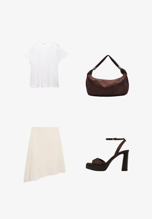T-shirt bianco realizzato in un tessuto morbido e leggero. Presenta un collo rotondo e maniche corte e larghe con vestibilità morbida. Nessun motivo visibile.; Gonna beige asimmetrica realizzata in tessuto morbido, con una cucitura diagonale per un dettaglio di design e un taglio al ginocchio.; Sandal in camoscio marrone con tacco alto, punta aperta, cinturino alla caviglia regolabile e suola a piattaforma striata.; Borsa a spalla in suede marrone con chiusura a zip, caratterizzata da una tracolla attorcigliata decorata con accenti metallici per un trasporto sicuro.
