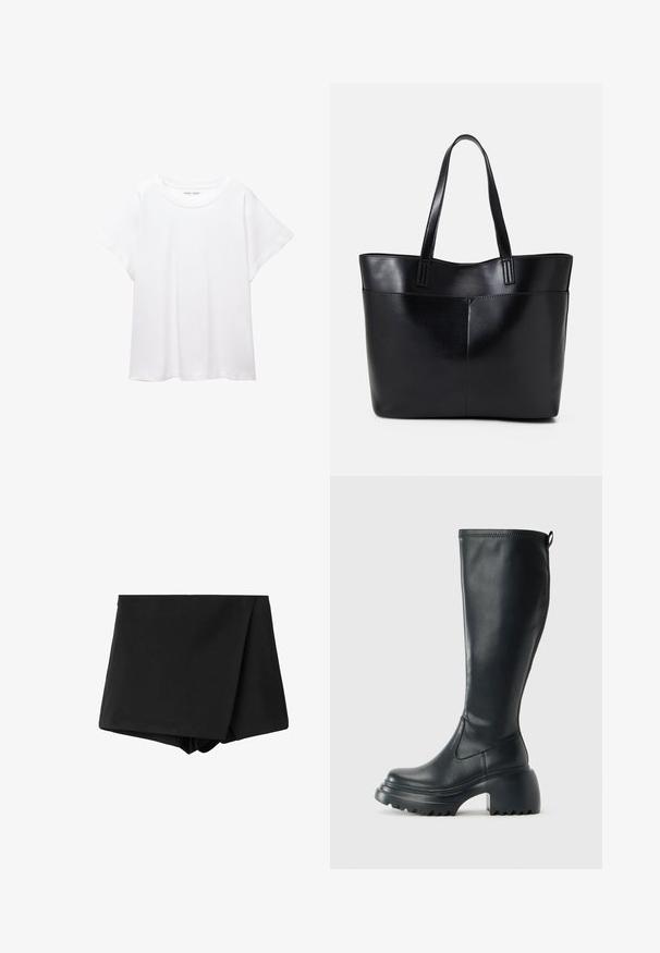 T-shirt blanc en tissu doux et léger. Il présente un col rond et des manches courtes et larges avec une coupe décontractée. Aucun motif visible.; Shorts noirs de style wrap en tissu lisse, avec une taille haute et une coupe décontractée. Pas de motifs ni d'accents visibles.; Botte en cuir noir haute avec semelle plateforme épaisse et talon carré, dotée d'une languette et d'un motif texturé sur la semelle extérieure.; Sac fourre-tout en cuir noir avec deux longues poignées, une texture lisse et une forme structurée. Dispose d'une poche avant pour un rangement supplémentaire.