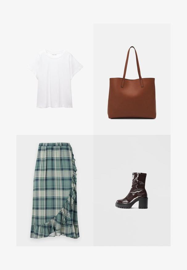 Witte T-shirt van zacht, lichtgewicht stof. Heeft een ronde halslijn en korte, brede mouwen met een ontspannen pasvorm. Geen zichtbare patronen.; Geruite rok in groen en marineblauw, met een gerimpelde zoom en elastische tailleband. De stof heeft een gladde textuur met variërende geruite patronen.; Glanzende bordeauxrode enkelboot met een chunky zwarte hak, met een gladde textuur en een eenvoudig ontwerp. Geen zichtbare sluitingen of patronen.; Bruine leren tote bag met een gladde textuur, een ontwerp met een open bovenkant en twee schouderbanden. Kenmerkt zich door minimale stiksels en geen zichtbare hardware.