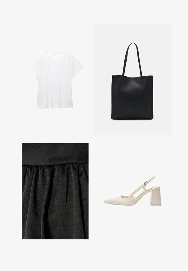 T-shirt blanc en tissu doux et léger. Il présente un col rond et des manches courtes et larges avec une coupe décontractée. Aucun motif visible.; Tissu noir avec un subtil éclat, présentant une texture froncée et des plis fluides. Surface lisse avec des accents scintillants tout au long.; Chaussures slingback beiges avec un embout pointu, finition laquée brillante, talon intermédiaire et bride réglable. Design minimaliste avec des côtés ouverts.; Sac fourre-tout en cuir noir avec une texture lisse, de forme rectangulaire et deux longues poignées. Pas de matériel ou d'ornementations visibles.