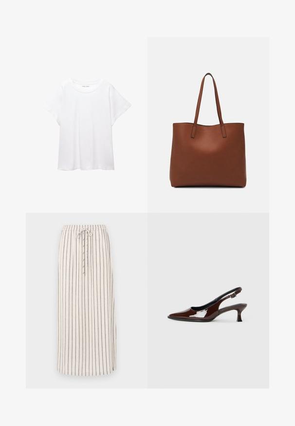 Weißes T-Shirt aus weichem, leichtem Stoff. Mit runder Halslinie und kurzen, weit geschnittenen Ärmeln für einen lässigen Sitz. Keine sichtbaren Muster.; Helle beige Leinenrock mit vertikalen dunklen Streifen, elastischem Bund und Kordelzug. Verfügt über einen seitlichen Schlitz am Saum für mehr Bewegungsfreiheit.; Braune Lackleder-Slingback-Schuhe mit spitzer Zehe und moderatem Absatz. Mit einem Schnallenriemen für einen sicheren Sitz. Glatte Textur.; Braune Leder-Tote mit glatter Textur, offenem Oberteil und zwei Schulterriemen. Verfügt über minimale Nähte und keine sichtbaren Beschläge.
