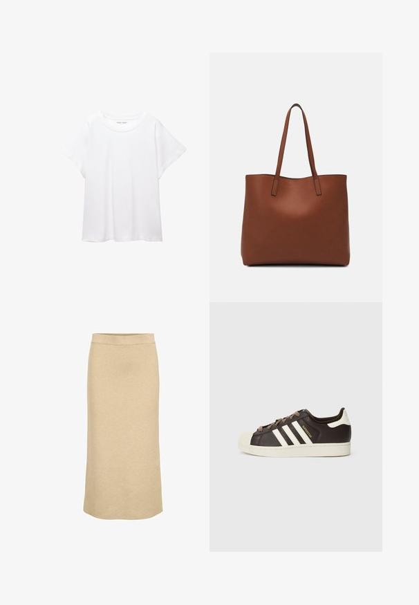 Witte T-shirt van zacht, lichtgewicht stof. Heeft een ronde halslijn en korte, brede mouwen met een ontspannen pasvorm. Geen zichtbare patronen.; Gebreide midi-rok in lichtbruin, met een geribde tailleband en een rechte silhoeët met een gladde, zachte textuur.; Low-top Adidas Superstar sneaker in donkerbruin leer met crème shell-toe, witte strepen en de tekst "Superstar" aan de zijkant.; Bruine leren tote bag met een gladde textuur, een ontwerp met een open bovenkant en twee schouderbanden. Kenmerkt zich door minimale stiksels en geen zichtbare hardware.