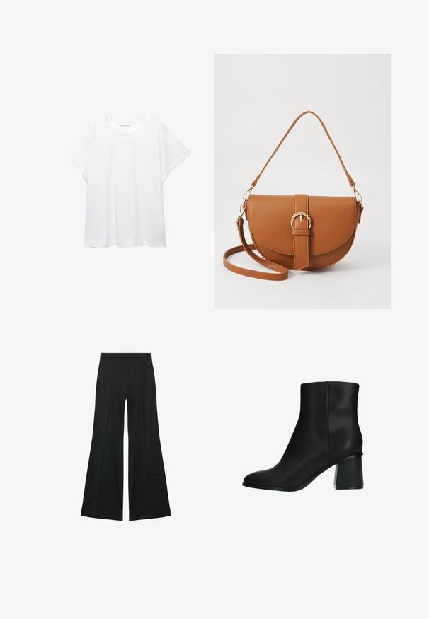 T-shirt blanc en tissu doux et léger. Il présente un col rond et des manches courtes et larges avec une coupe décontractée. Aucun motif visible.; Pantalons larges noirs avec une texture lisse, présentant des plis sur le devant et un design ajusté. Le tissu est léger et fluide.; Bottine noire avec une finition lisse et élégante, bout pointu et un talon bloc épais. Le design présente des lignes minimalistes sans aucune quincaillerie visible.; Sac bandoulière en cuir marron avec une forme incurvée, quincaillerie dorée et un accent en boucle. Comprend une bandoulière détachable.